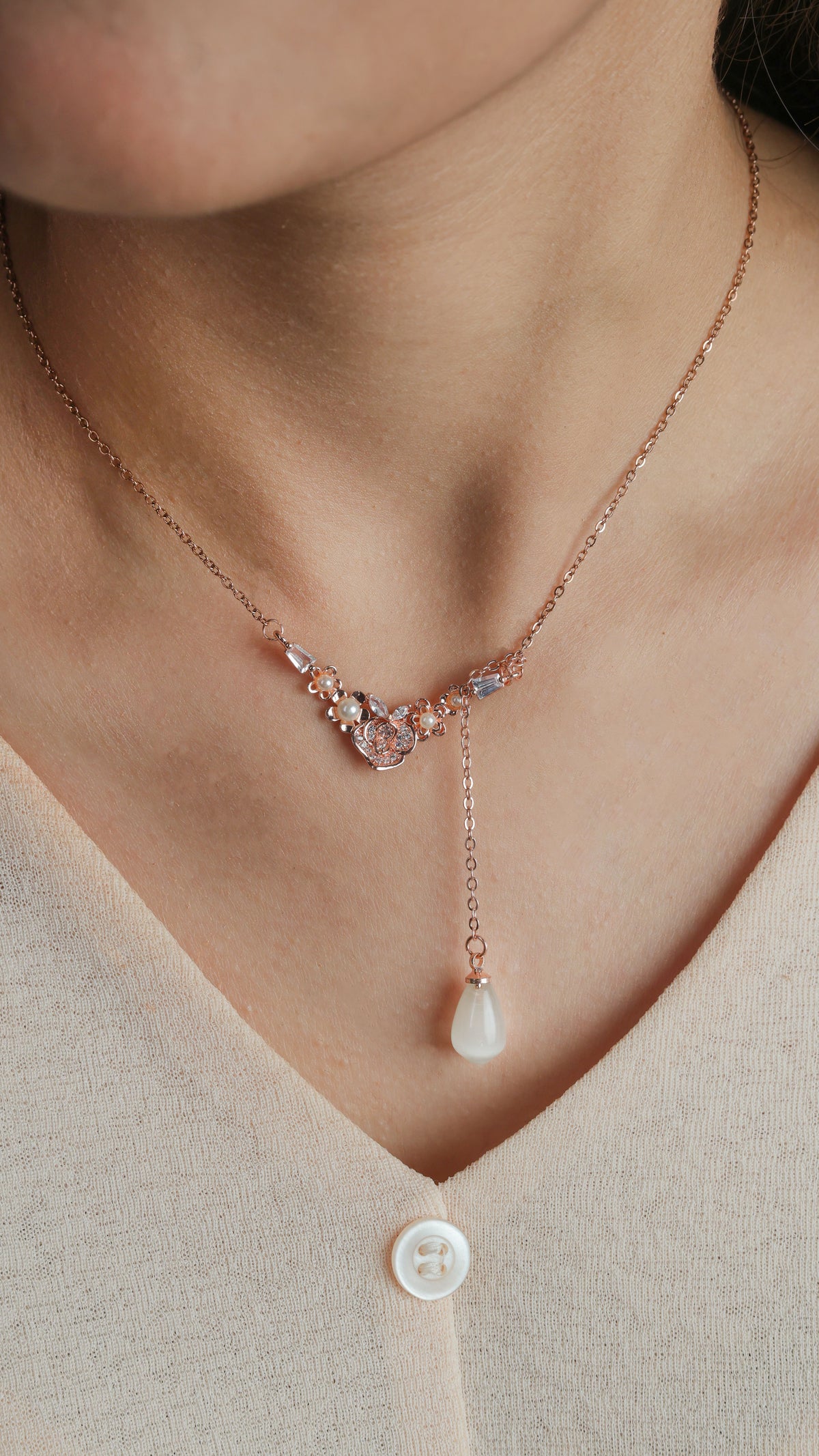 Floral Cluster and Drop Rose Gold Necklace