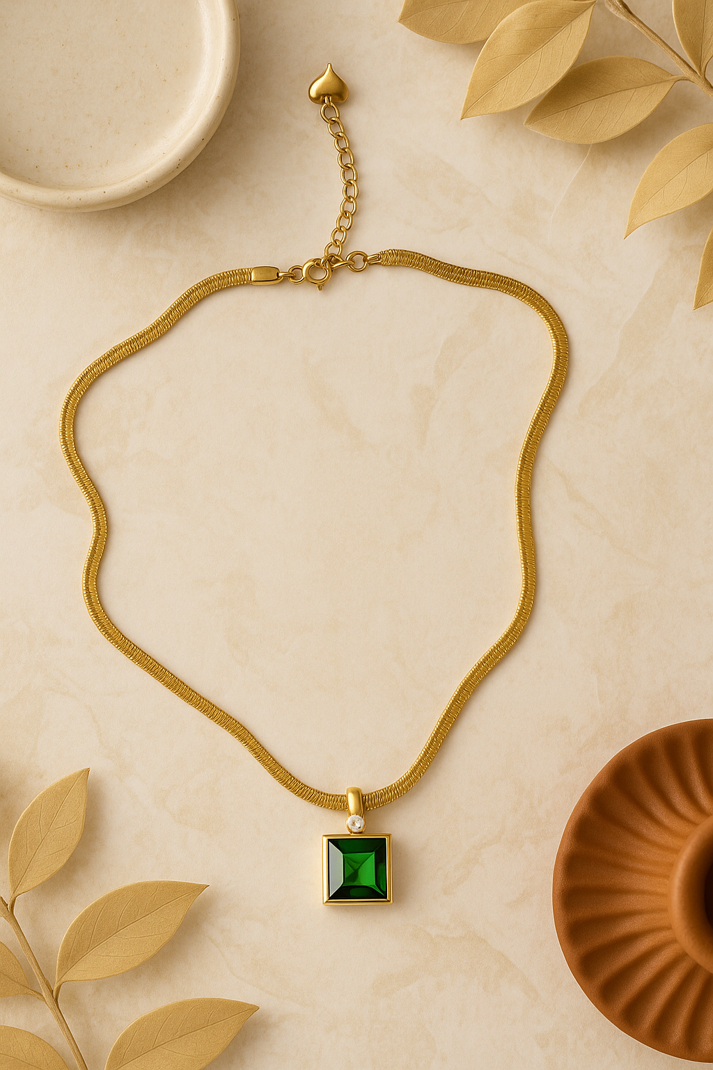 Green Emerald Square Gold Necklace