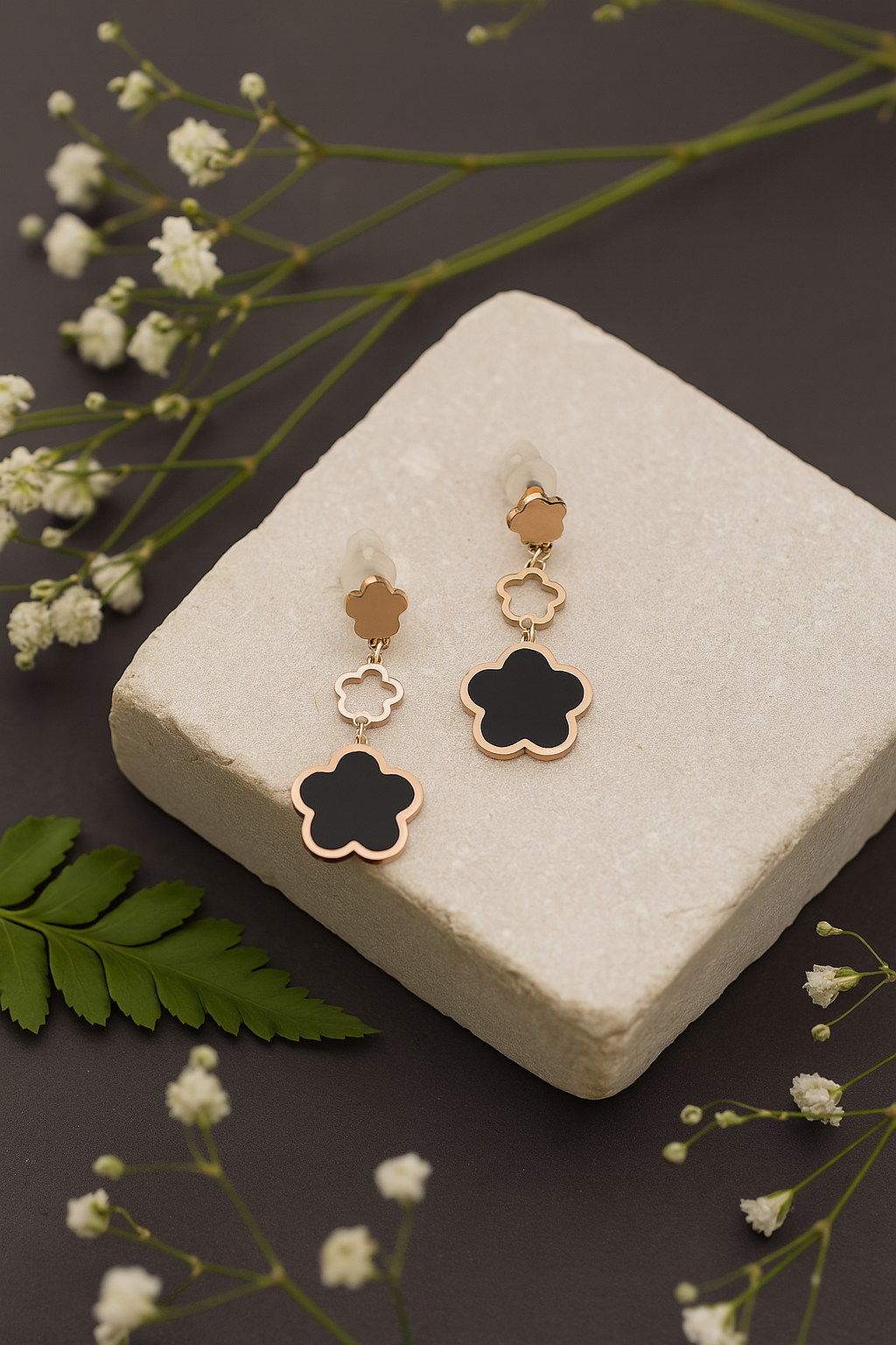 Dual Flower Drop Rose Gold Earrings