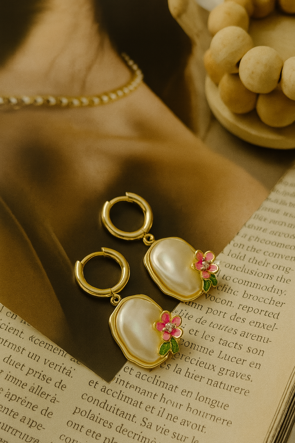 Whimsical Golden Floral Pearl Hoops Earrings