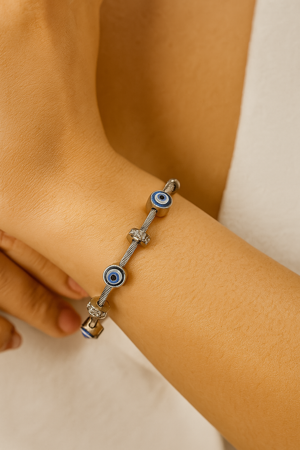 Blue Eye Beaded Silver Bracelet