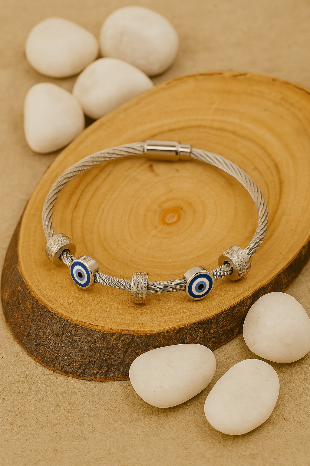 Blue Eye Beaded Silver Bracelet