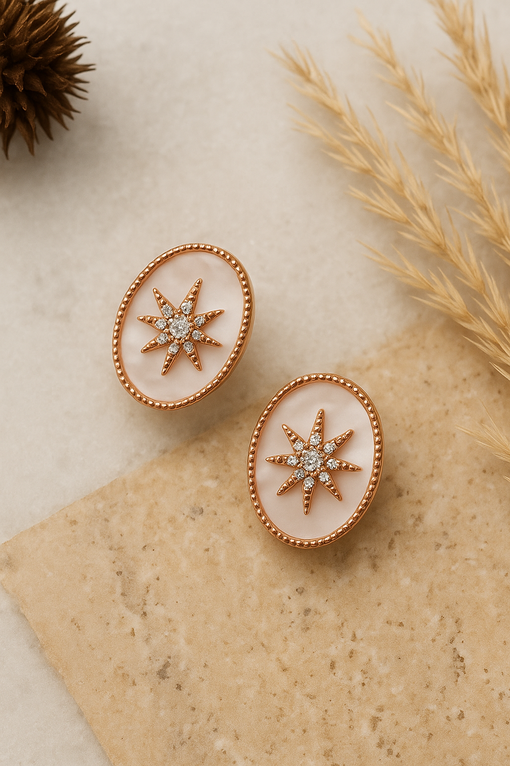 Oval Star Stud Rose Gold Earrings