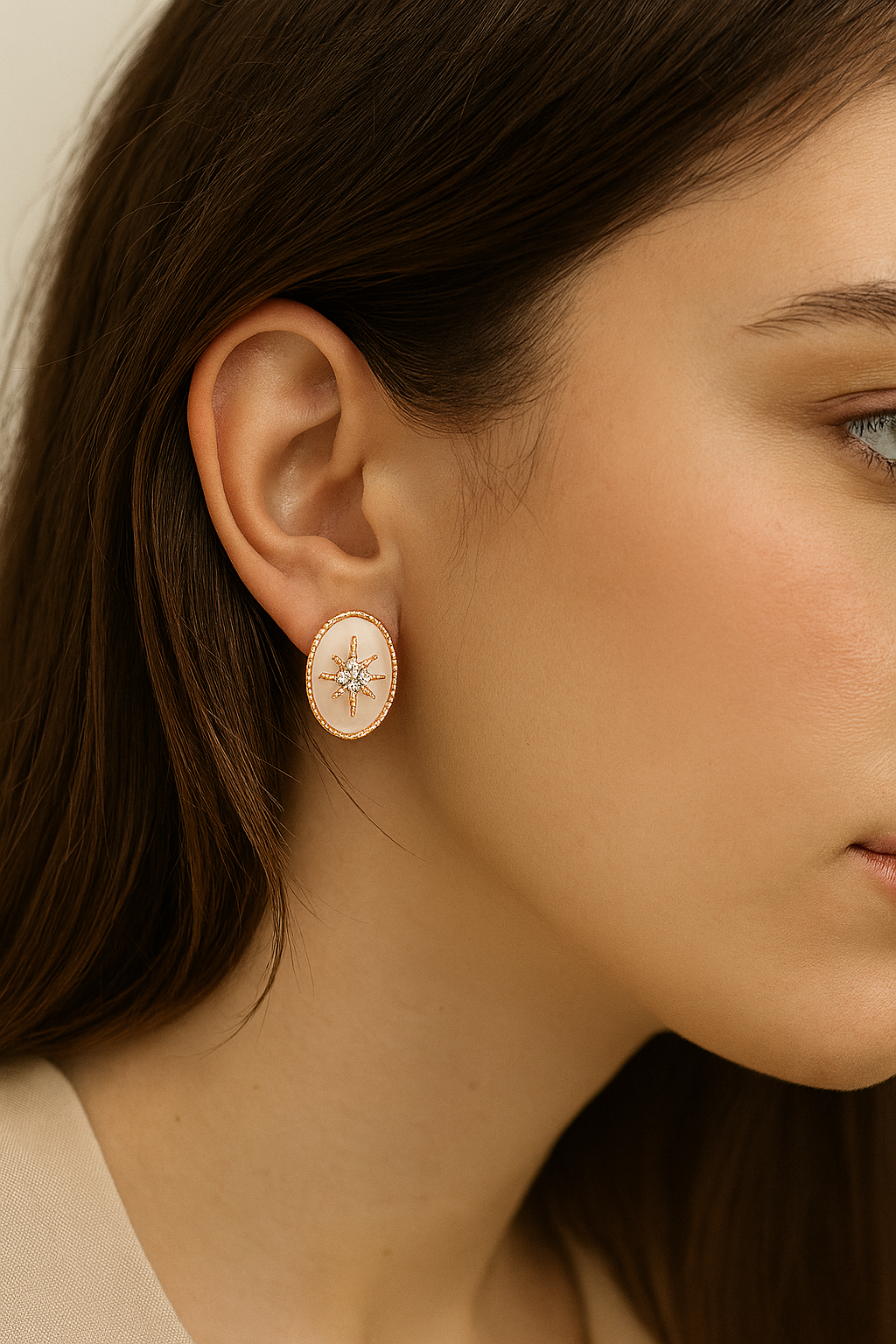 Oval Star Stud Rose Gold Earrings