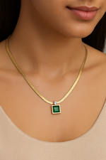 Green Emerald Square Gold Necklace