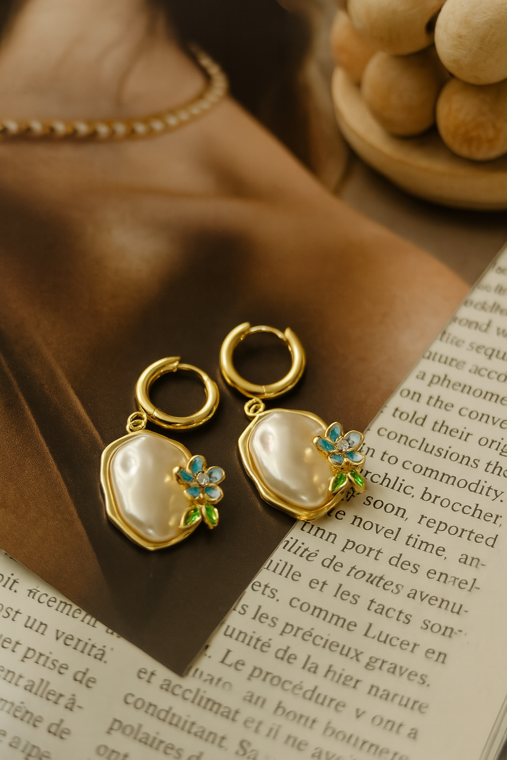 Whimsical Golden Floral Pearl Hoops Earrings