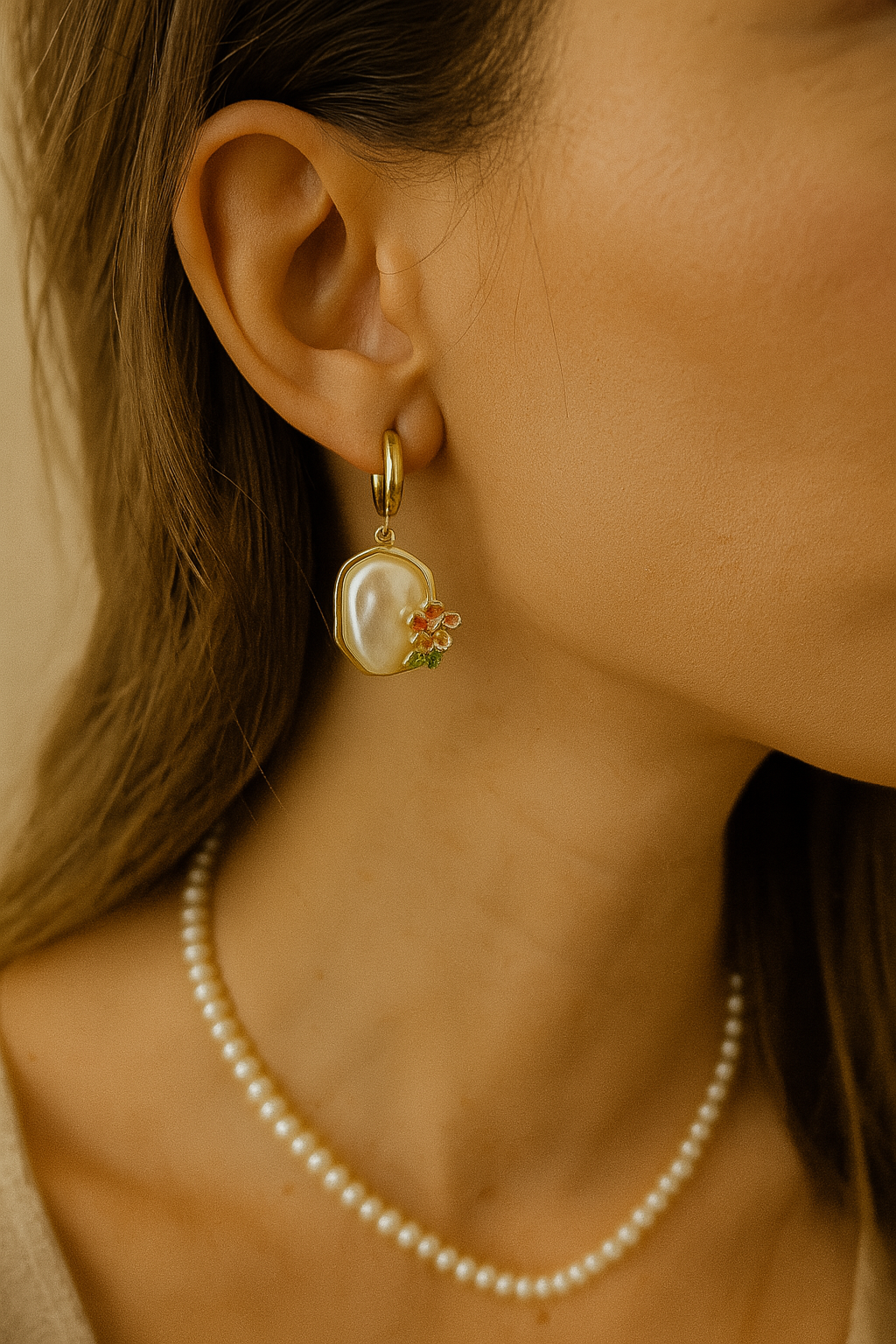 Whimsical Golden Floral Pearl Hoops Earrings