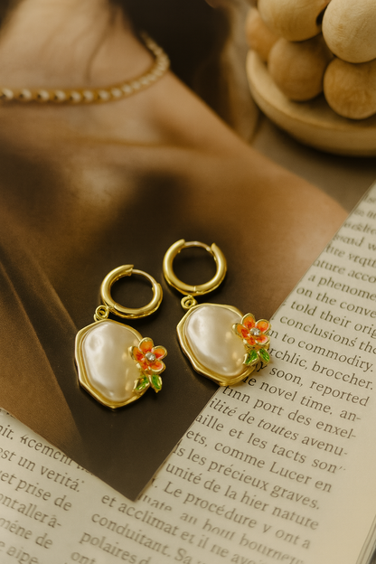 Whimsical Golden Floral Pearl Hoops Earrings