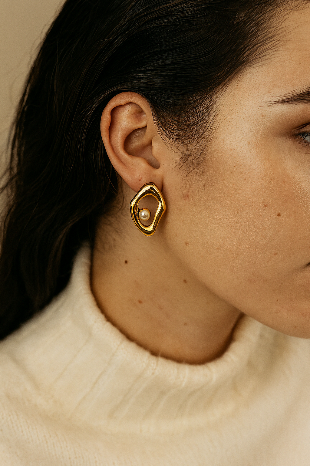 Dainty Pearl in Golden Abstract Frame Earrings
