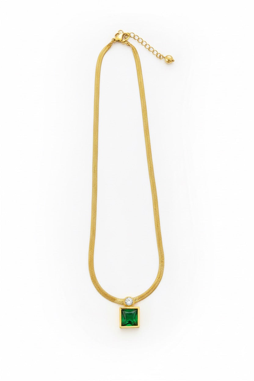 Green Emerald Square Gold Necklace